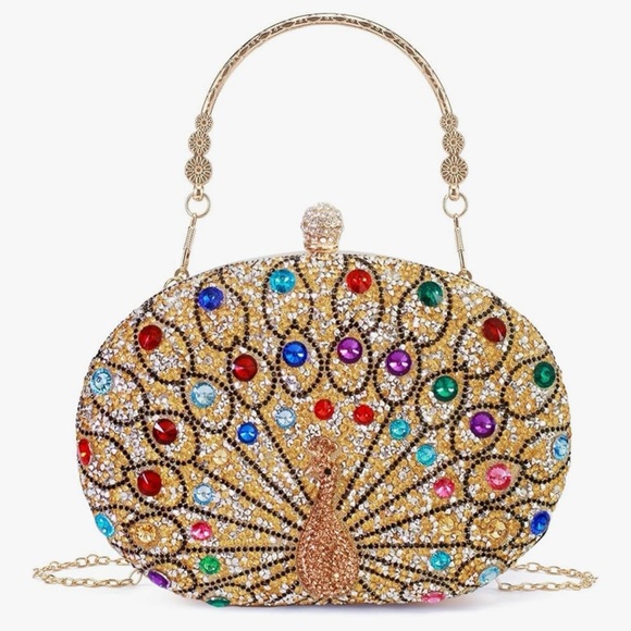 RAINBOW from heaven.        Gold and Multicolor Jeweled Peacock Clutch